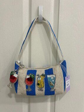 Beaded Bag Cocktails Drinks Blue White Striped Handcrafted in India w Charm